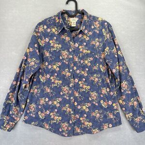 LL BEAN Blue Floral Corduroy Vintage Button Front Shirt M Cotton Cottagecore